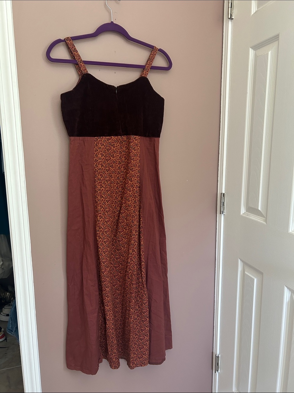 Vintage 90s Grunge Boho Corduroy Calico Patchwork Maxi Camisole Dress Size M - Picture 3 of 9
